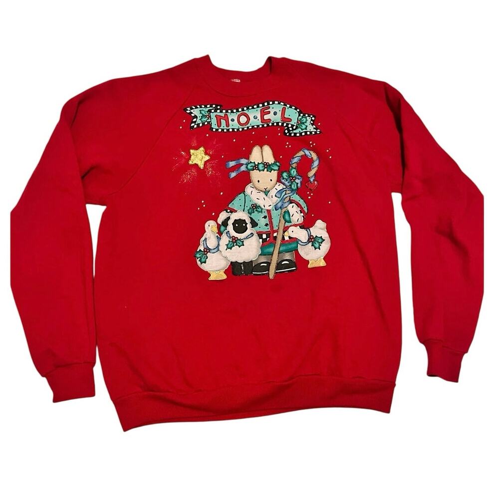 Vintage 1990’s Womens Cottage Core Christmas Holiday Sweatshirt Bunny/Duck/Sheep